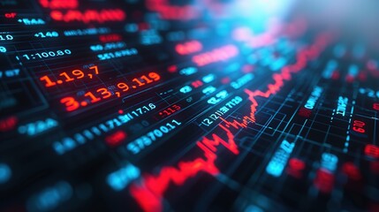 Close-up view of a stock market data on a digital screen, showcasing financial numbers in red and blue.
