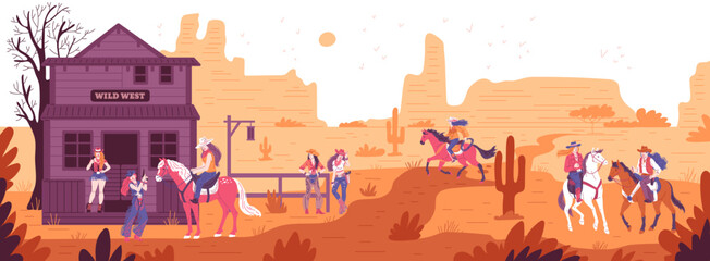 Cowgirls at Wild west ranch on desert landscape, swag cowgirls rides horses, vector vintage American ranger women - obrazy, fototapety, plakaty