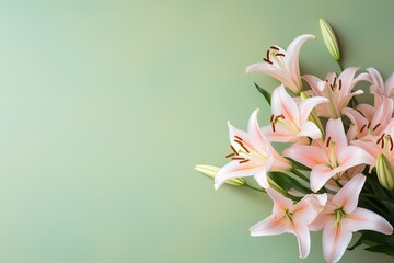 Overhead shot of a bouquet of lilies against a muted pastel background, ready for personalized text.