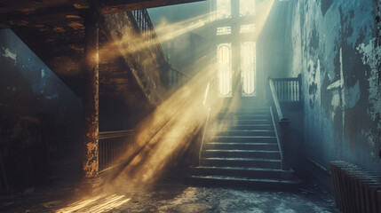 A photo of a dark, abandoned building with leading up to a doorway with bright light streaming in through the doorway.
