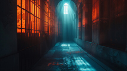 A picture of a long, dark hallway with a bright light at the end of the hall.