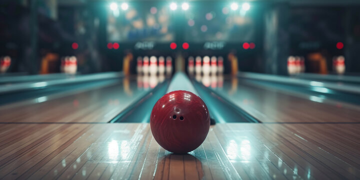 Close-up of a bowling ball hitting pins