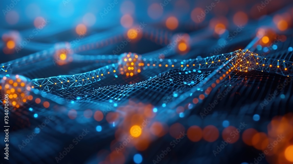 Poster futuristic abstract blue network grid with glowing orange nodes, symbolizing high-tech connectivity 