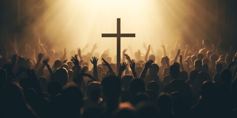Crowd Of People Worshiping The Cross - obrazy, fototapety, plakaty
