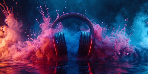 Immerse Yourself In Vibrant Music Blaster With Neon Splashes: Adorned With Headphones For An Enthralling Experience. Concept Neon Headphone Party, Music Blaster Bash, Vibrant Sound Experience