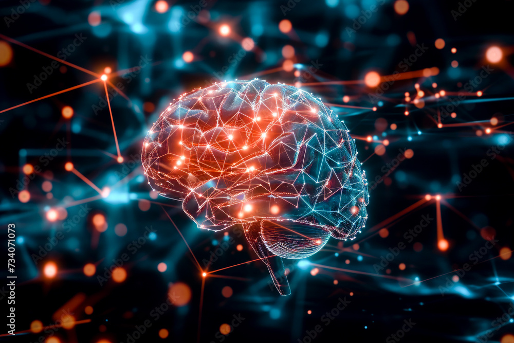 Poster a brain with a macro presentation of neural network in the human brain or nervous system