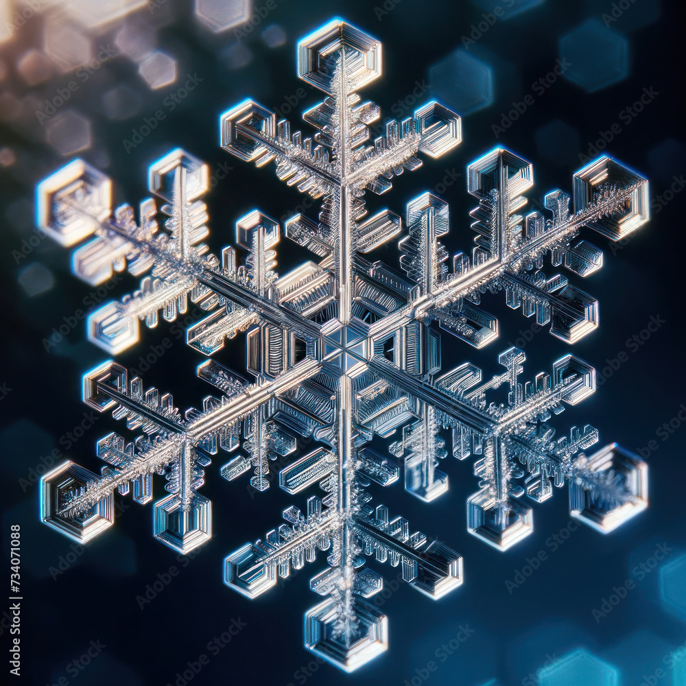 Poster close-up view of a detailed snowflake crystal against a bokeh light background.