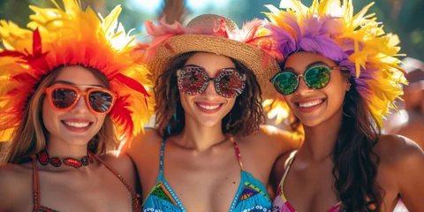 Foto op Plexiglas Carnaval Vibrant Women Celebrate And Immerse In The Joy Of Brazilian Carnival. Concept Samba Dancers, Extravagant Costumes, Sizzling Energy, Carnival Parade, Brazilian Culture