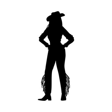 Beautiful cowgirl black silhouette, American western rodeo woman vector outline illustration, vintage cowgirl