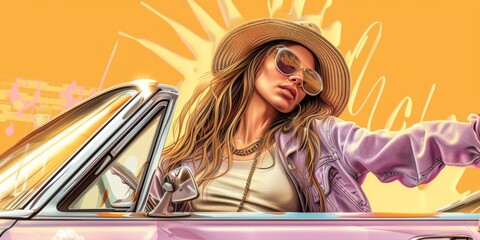 Woman Embraces The Warm Sunshine As She Joyously Explores By Car In Pop Art Style. Concept Pop Art,...
