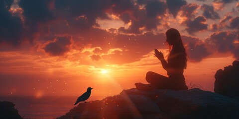 Woman Finds Solace In Prayer As A Free Bird Soars In The Backdrop Of A Serene Sunset. Concept Desert Safari Adventure, Waterfall Hiking, Road Trip Excitement, Beach Volleyball Fun
