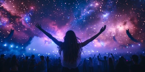 Fototapeta na wymiar Energetic Young Woman Embraces The Joy Of Music Festival Illuminated By A Starry Night Sky. Concept Music Festival Fashion, Starry Night Atmosphere, Energetic Dance Moves, Joyful Crowd Interactions