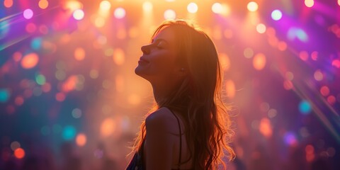 Vibrant Concert Scene: Young Woman Engrossed In Dancing And Music. Concept Sunset Beach Yoga, Serene Outdoor Setting, Gentle Waves, Mindful Poses Travel Adventures, Exploring Hidden Gems