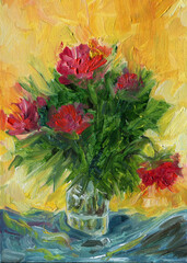 Oil painting. Bunch of red peony flowers on yellow background.