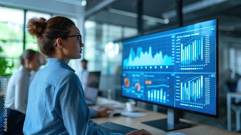 Poster focused female data analyst examining comprehensive financial graphs on a large monitor in a modern 