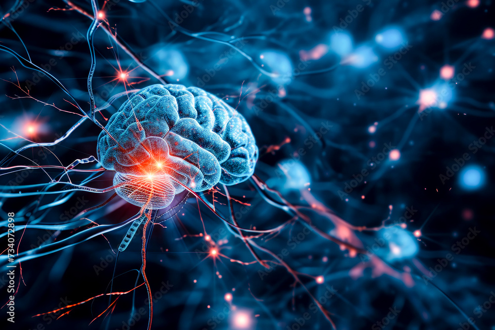 Poster a brain with a macro presentation of neural network in the human brain or nervous system
