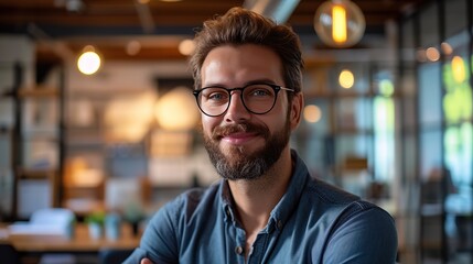 Obraz premium Approachable and cheerful male professional with beard and glasses smiling in a casual, well-lit office setting.