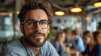 A young, bearded man with stylish glasses posing confidently in a lively and modern coworking office space.