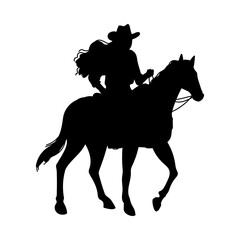 Black silhouette of cowgirl in hat rides on horse flat style