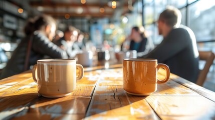 Close-up of two ceramic mugs on a warm, sunlit wooden table with blurred background of social interaction in a cafe setting.