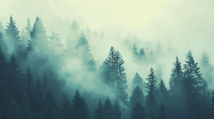 Misty landscape with fir forest in hipster vintage...