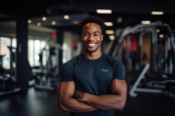 Fototapeta na wymiar Smiling portrait of a male fitness trainer at the gym