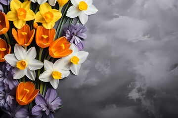 Obraz na płótnie Canvas Overhead shot of a mix of daffodils and crocuses, their vibrant colors offering a lively space for your personalized message.