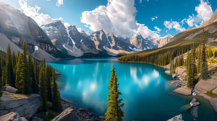 Moraine Lake panorama in Banff National Park, Alberta. - obrazy, fototapety, plakaty