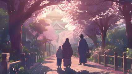 illustration of a Muslim family heading to the mosque in the afternoon with cherry trees on the left and right. Ramadan background. Ai-Generated
