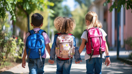 a photo of 3 elementary school students go hand in hand. Back view, back to school concept