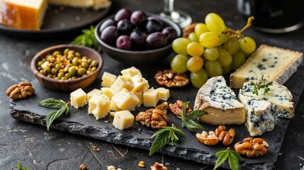 plateau de fromage avec grappe de raisin et amandes et noix de cajou - obrazy, fototapety, plakaty