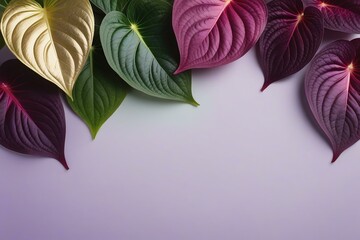 Pale Purple Background with Overhanging Garland of Purple, Gold, and Green Caladium Leaves