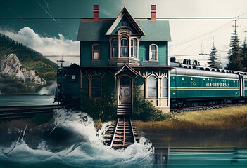 a painting of a train going down the tracks by the water and a house on the other side of the tracks, with a green door on the right side of the tracks.  generative ai