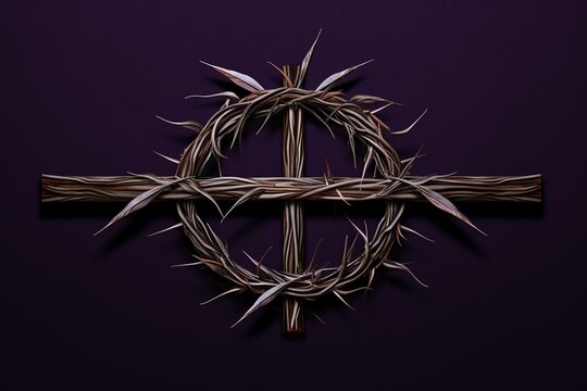 An image of an ash cross with palm fronds border and crown of thorns on a dark purple backdrop. Generative AI