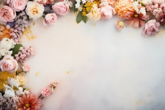 Overhead shot of a stunning arrangement of flowers on a pastel surface, allowing for personalized text.