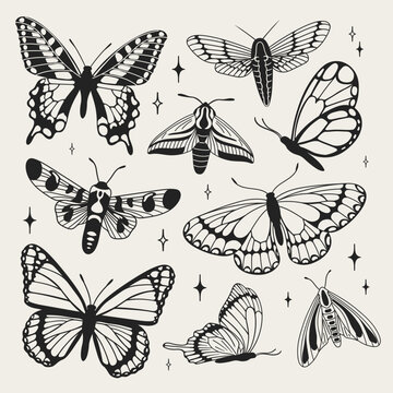 Butterflies and moths Y2k aesthetic, hand drawn. Vector graphics in trendy retro 2000s style.