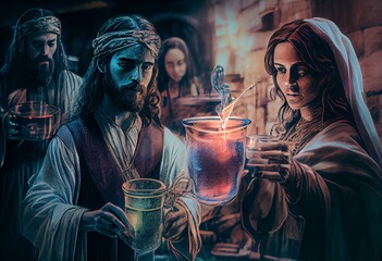 Illustration representing the wedding at Cana with Jesus turning water into wine - AI generative. Generative AI