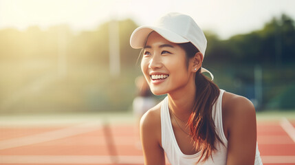 Asiatische Frau beim Tennis spielen im freien - obrazy, fototapety, plakaty