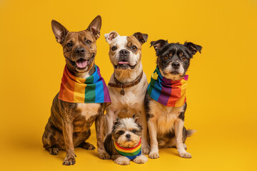 A colorful pack of canine companions sporting vibrant rainbow scarves snuggle together indoors, showcasing the bond between pet and owner