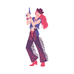 Pretty cowgirl wearing traditional western clothing outfit and holding up gun.
