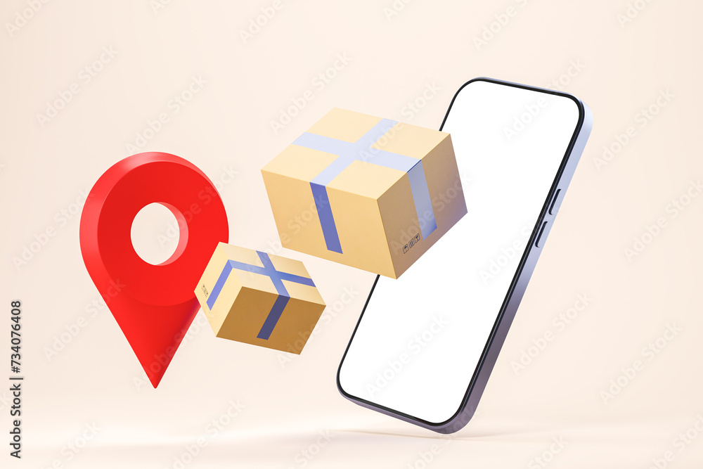 Poster smartphone with blank display. floating cardboard boxes. red geotag. application concept for parcel 