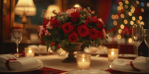 Festive holiday table setting, elegant decor under soft lighting, creating warm, inviting atmosphere