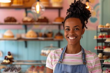 Portrait of a smiling young woman working in the pastry shop