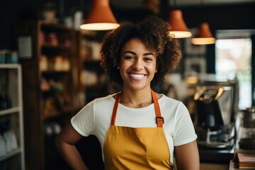 Smiling portrait of a young waitress in cafe or bar