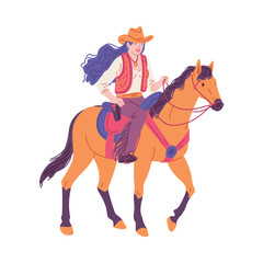 Fototapeta premium Young woman riding horse in cowboy hat and clothes.