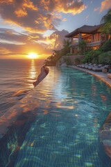 Ultimate relaxation at luxurious tropical resort, infinity pool with ocean panorama at sunrise