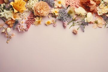 Overhead shot of a stunning arrangement of flowers on a pastel surface, crafted for seamless text incorporation.