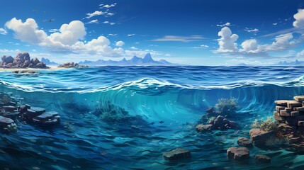 A panoramic view of a serene cobalt blue ocean, with a distant island adding a touch of mystery