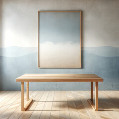 Empty wall in scandinavian style interior with wooden table. minimalist interior style