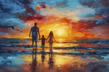 Sunset silhouette of family enjoying peaceful moment on beach, vibrant skies painting serene holiday memory